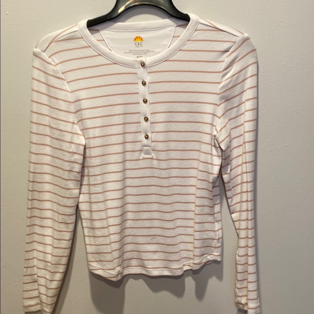 C&C California Women's Striped Long Sleeve Top - Cream and Tan Medium